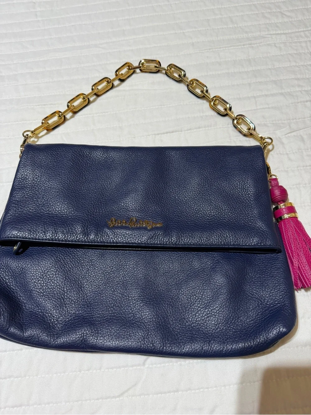 Lilly Pulitzer Navy Leather Shoulder Bag with Pink Tassel and Gold Chain